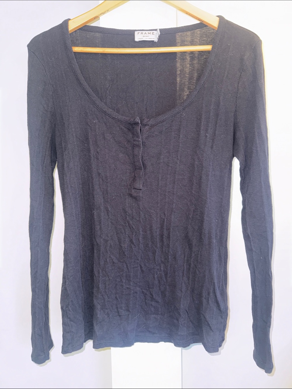 Frame Denim Black Long Sleeve Scoop Henley Top - L